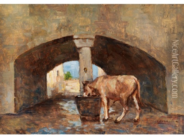 Junger Ochse An Einem Steinernen Brunnen An Der Tranke Oil Painting - Rodolfo Paoletti