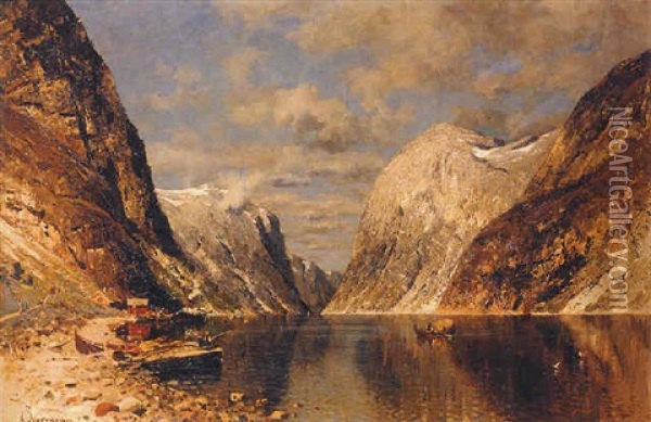 Fishing Village On A Norwegian Fjord Oil Painting - Adelsteen Normann
