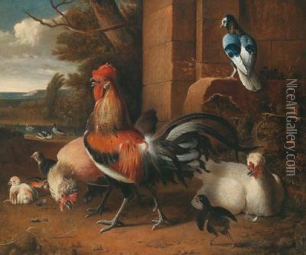 Pollaio Con Paesaggio Sullo Sfondo Oil Painting - Melchior de Hondecoeter