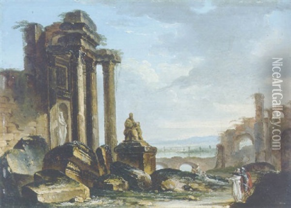 Classical Ruins With Figures Conversing In The Foreground Oil Painting - Louis Gabriel Moreau the Elder