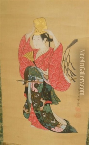 Woman With Sword And Fan Oil Painting - Tsukioka Sessai