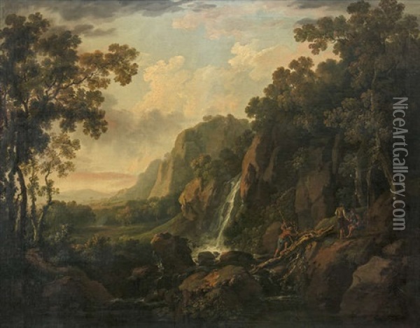 A Mountainous Wooded River Landscape With A Waterfall And Three Figures Oil Painting - George Barret