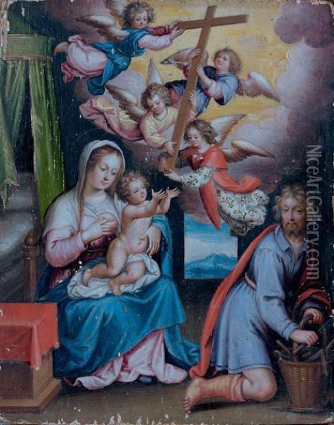 Saint Joseph Et La Vierge A L'enfant Devant La Croix Portee Par Des Anges Oil Painting - Denys Fiammingo Calvaert