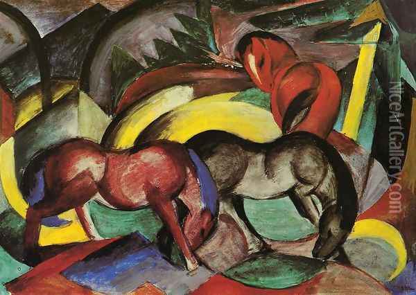 Three Horses Oil Painting - Franz Marc