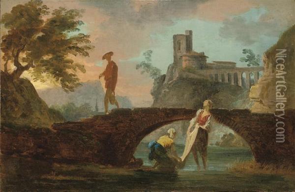 A River Landscape With Peasants Washing Clothes Under A Bridge, Acastle Beyond Oil Painting - Claude-joseph Vernet