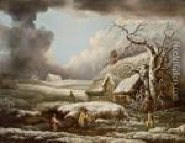 Paesaggio Invernale Con Raccoglilegna E Un Cacciatore Oil Painting - George Morland