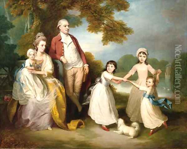 A gentleman and lady with their children in a landscape Oil Painting - Thomas Beach