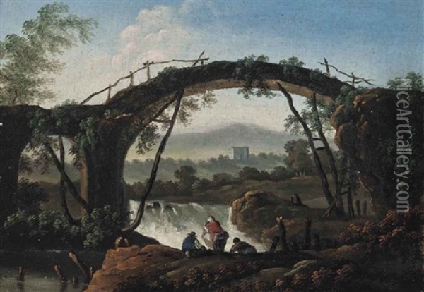 A River Landscape With Figures Watching A Cascade Near A Roman Bridge, A Villa Beyond Oil Painting - Jean Baptiste Pillement