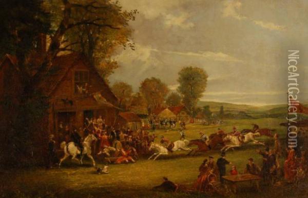 Steeple Chase Passing Through A Village Near The Horse And Jockeyinn Oil Painting - John Charles Maggs