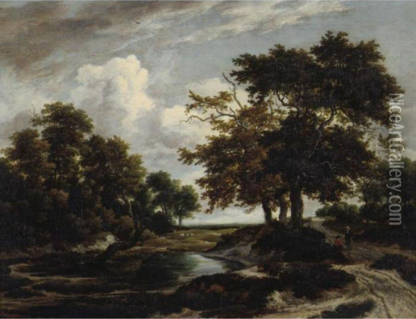 A Landscape With Peasants On A Track By A Wooded Pond Oil Painting - Jacob Van Ruisdael
