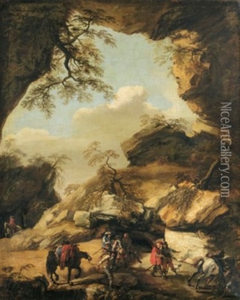 A Rocky Landscape With Soldiers Oil Painting - Pandolfo Reschi