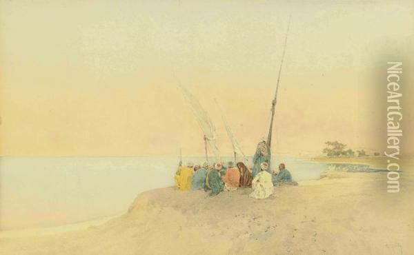 Arabs On The Coast At Dusk Oil Painting - Raffaele Mainella