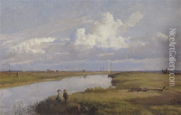 To Drenge Ved En Hollandsk Kanal Naer Delft Oil Painting - Edvard Frederik Petersen
