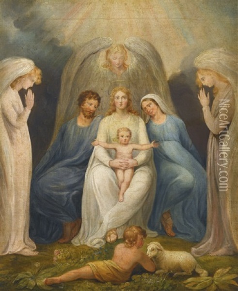 The Holy Family 'christ In The Lap Of Truth' (overpainted By Another Hand) Oil Painting - William Blake