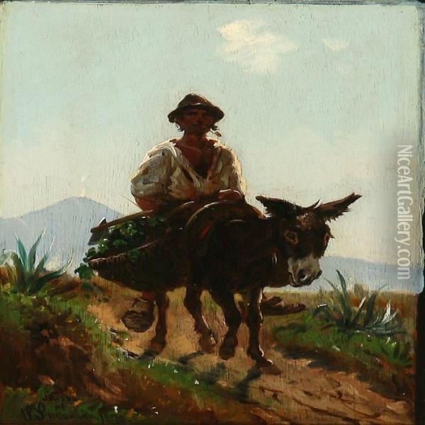 Landscape With Italian Peasant On Donkey Oil Painting - Simon Simonson