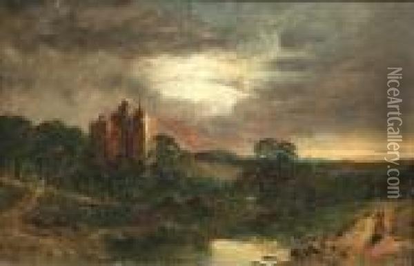 Castle In A Moonlit Landscape With A Figure On A Path Oil Painting - Walter Meegan