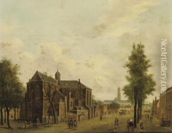 Utrecht With The Pieterskerk And The Domtoren In The Background Oil Painting - Jan Ten Compe or Kompe