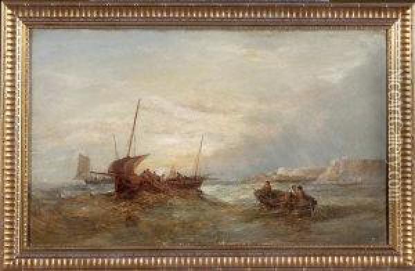 Fishing Boats Off The Yorkshire Coast At Sunrise Oil Painting - Alfred Pollentine