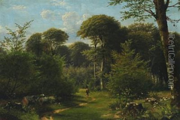 Forest Scene With A Boy On Adventure Oil Painting - Olaf August Hermansen
