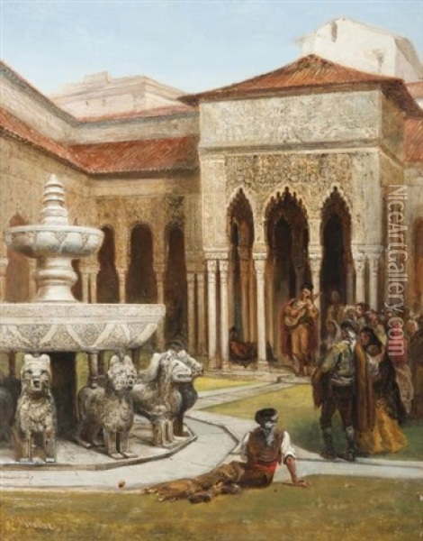 Concert Devant La Fontaine De La Cour Des Lions, Alhambra (grenade) Oil Painting - Pierre Toussaint Frederic Mialhe