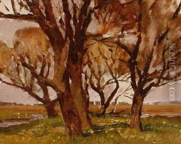 Autumn Trees In A Landscape Oil Painting - Harry Watson