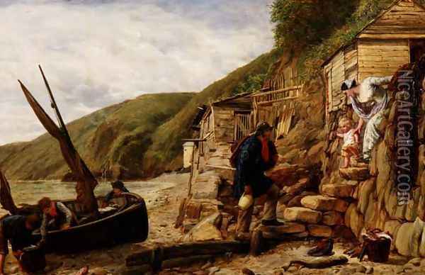Welcome Bonny Boat The Fishermans Return scene at Clovelly North Devon Oil Painting - James Clarke Hook
