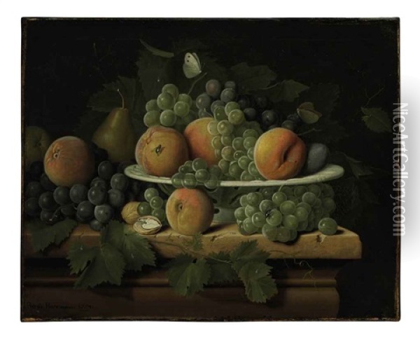 Peaches, Grapes And A Pear In A Ceramic Dish On A Stone Ledge With A Pear, Walnuts, Butterflies And A Fly Oil Painting - Pieter Jacob Horemans