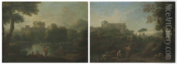 A Classical Landscape With The Tomb Of Cecilia Metella, Figures Conversing On The Bank Of A River, And Mountains Beyond (+ A Classical Landscape With A Capriccio Of The Vatican Belvedere, Figures Conversing In The Foreground (pair) Oil Painting - Jan Frans van Bloemen