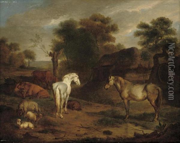 An Extensive Landscape With Horses And Cattle Grazing By Acottage Oil Painting - Adrian Van De Velde