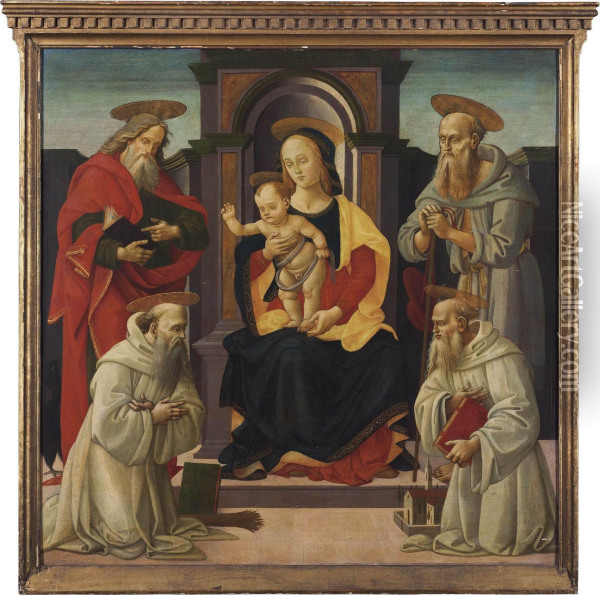 The Madonna And Child Enthroned With Saints John The Evangelist And Jerome, And Two Benedictine Saints Oil Painting - Bartolomeo Di Giovanni