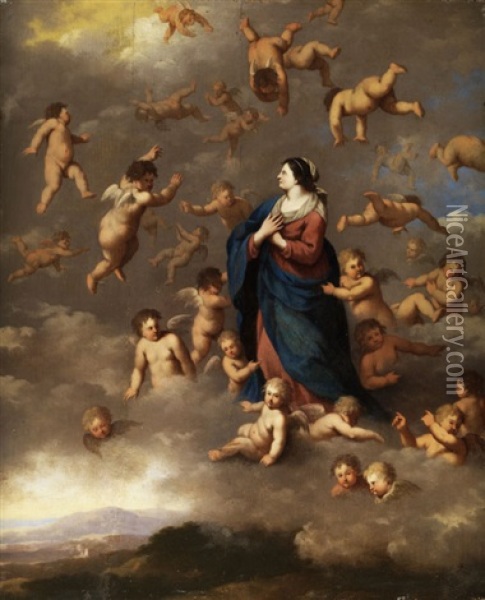 Maria In Den Wolken Umgeben Von Engeln Oil Painting - Cornelis Van Poelenburgh