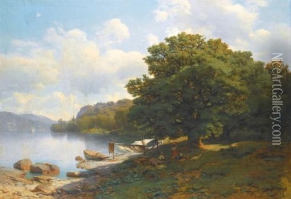 On The Lake Shore Oil Painting - Mikhail Spiridonovich Erassi