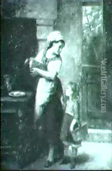 Junge Mutter Beim Brotschneiden Mit Ihrer Kleinen Tochter Inder Kuche Oil Painting - Leon Emile Caille
