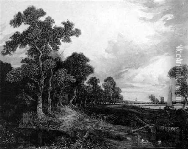 Wooded Landscape With A Barge On A River Oil Painting - Joseph Paul