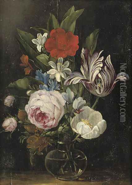 Roses, a tulip and other flowers in a glass vase Oil Painting - Jan van den Hecke