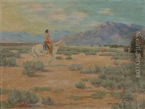 Depicting A Lone Male American Indian Rider Wearing Leggings Oil Painting - Carl Moon