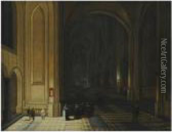The Interior Of A Church By Night, With Nuns In Theforeground Oil Painting - Pieter Neefs The Elder, Frans The Younger Francken