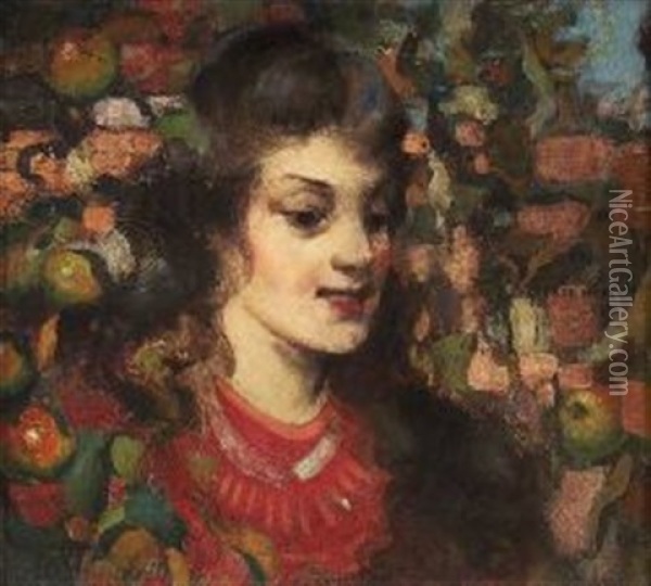 Young Girl With Apples Oil Painting - George Henry