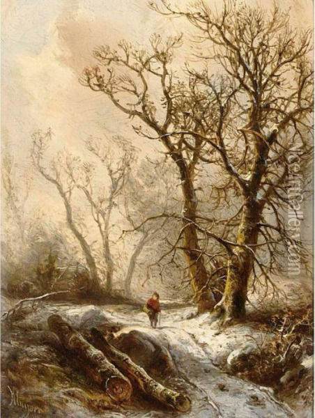 A Figure In A Snowy Forest Landscape Oil Painting - Pieter Lodewijk Francisco Kluyver