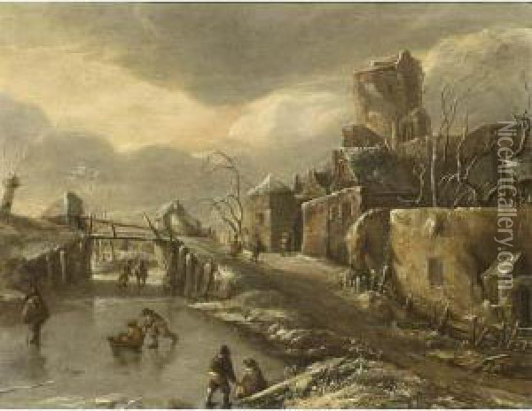 A Winterlandscape With Skaters On The Ice, A Town Beyond Oil Painting - Jan Van De Capelle