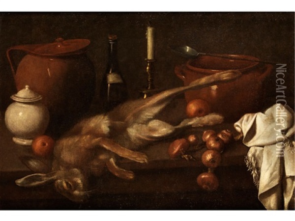Grosses Stilleben Mit Einem Hasen, Zwiebeln Und Geschirr Oil Painting - Carlo Magini