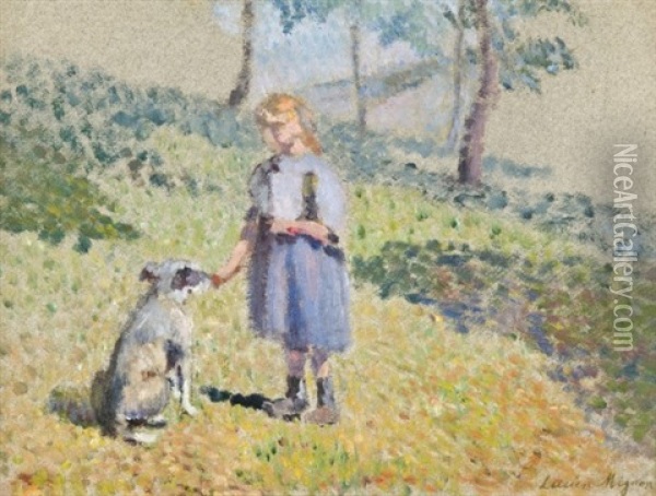 Petite Fille Au Chien Oil Painting - Lucien Rene Mignon