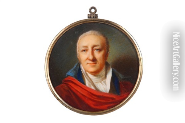 Portrait Miniature Of A Gentleman, Wearing A Blue Coat, White Chemise And White Stock, A Red Cloak Worn Over His Shoulders Oil Painting - Domenico Bossi