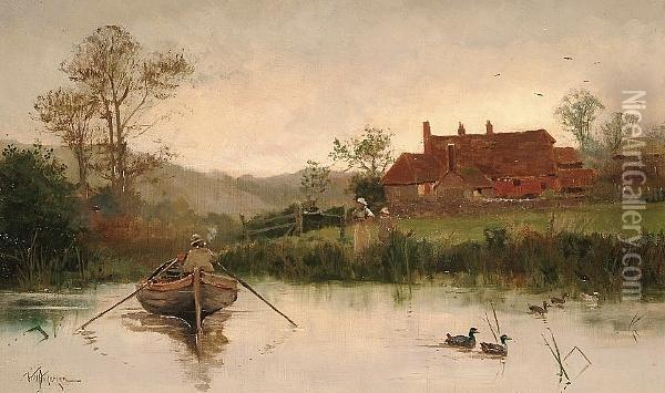 Figure In A Rowing Boat Before A Farmstead Oil Painting - William Anderson