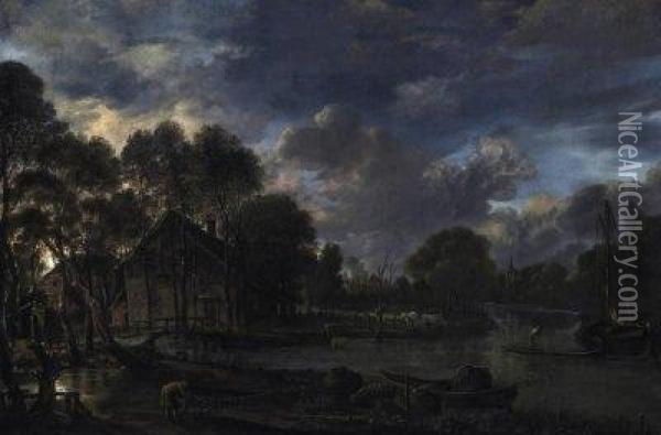 Moonlit Riverlandscape Oil Painting - Aert van der Neer