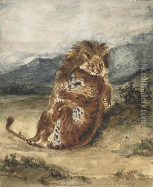 Combat D'un Lion Et D'un Tigre Oil Painting - Eugene Delacroix