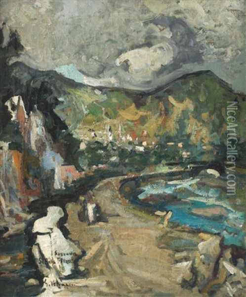 Peisaj La Targu Ocna Oil Painting - Gheorghe Petrascu