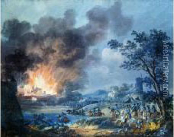 Scene De Cavalerie Avec L'incendie D'une Ville Assiegee Oil Painting - Alexandre-Jean Noel
