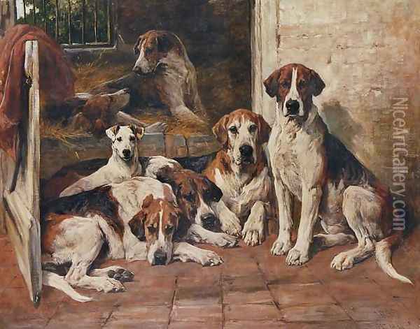 Hours of idleness, Hounds and a terrier in a kennel Oil Painting - John Emms