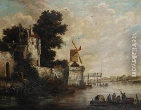 Barges Approaching A Shore, With A Windmill In The Distance Oil Painting - Jacob Salomonsz. Ruysdael